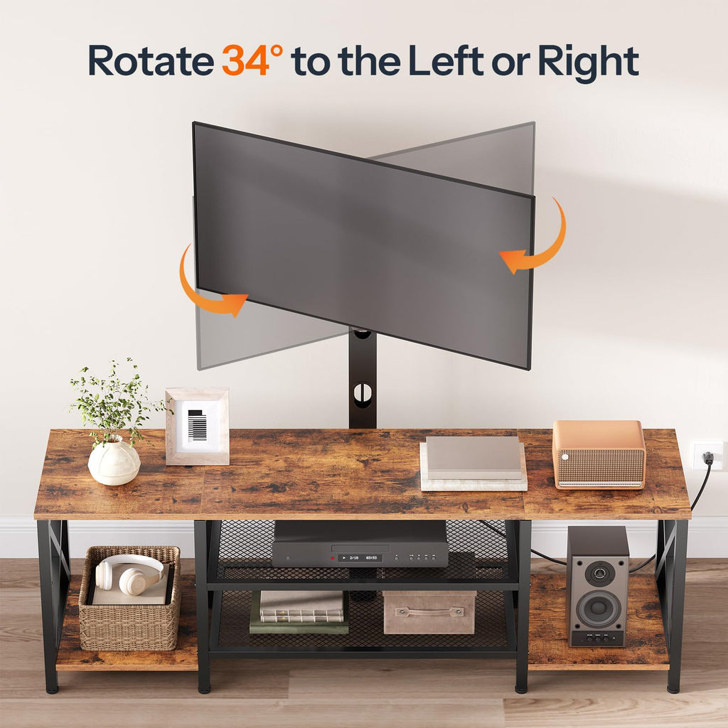 Rustic Brown 3-Tier TV Stand with Swivel Mount and Power Outlet I2936