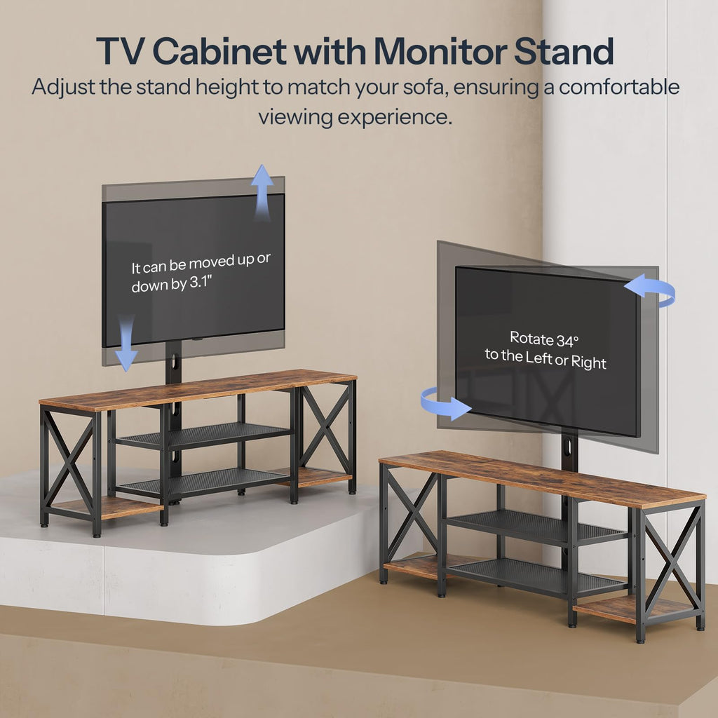 Rustic Brown 3-Tier TV Stand with Swivel Mount and Power Outlet I2936