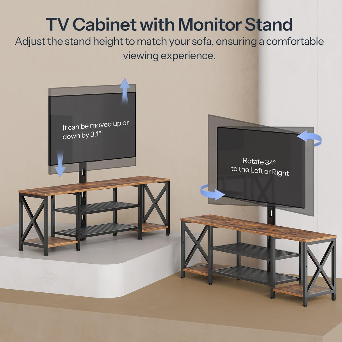 Rustic Brown 3-Tier TV Stand with Swivel Mount and Power Outlet I2936