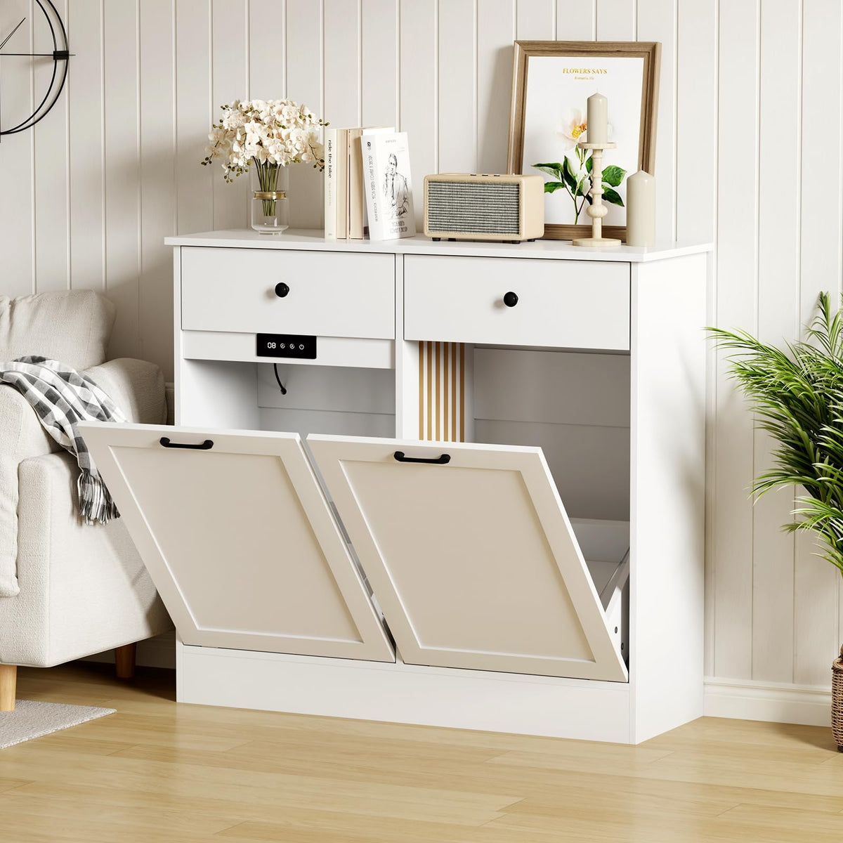 White 2 x 10 Gallon Wooden Tilt Out Trash Can Cabinet L991