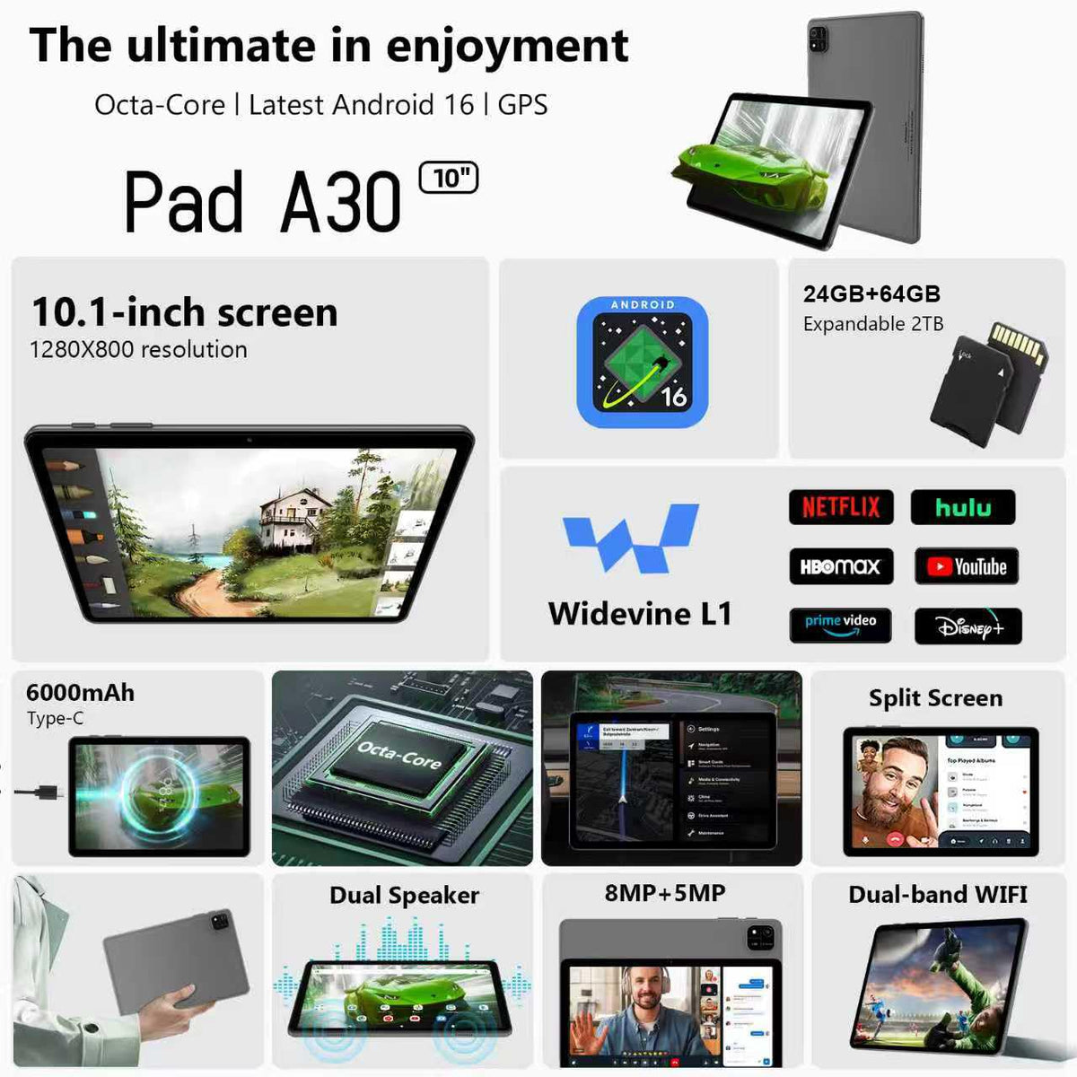 10 Inch Octa-Core Tablet with Keyboard Case Mouse Stylus D638