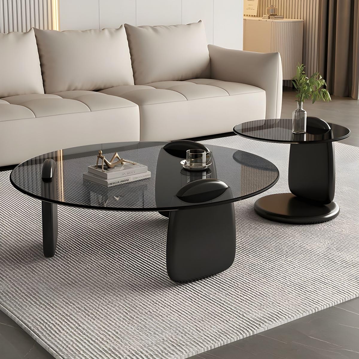 Nesting Coffee Table Set of 2 Glass Round Top Wood Legs B5574