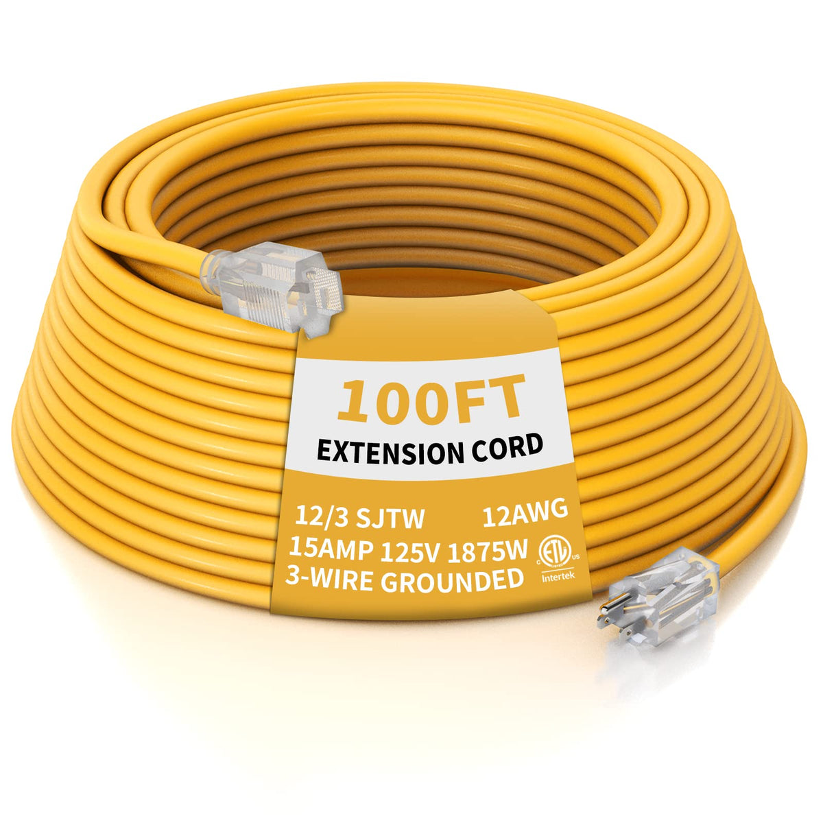 12 Gauge 100 Ft Heavy Duty Outdoor Extension Cord Waterproof Lighted End SJTW 3 Prong Grounded Plug 15A 1875W Yellow N4101