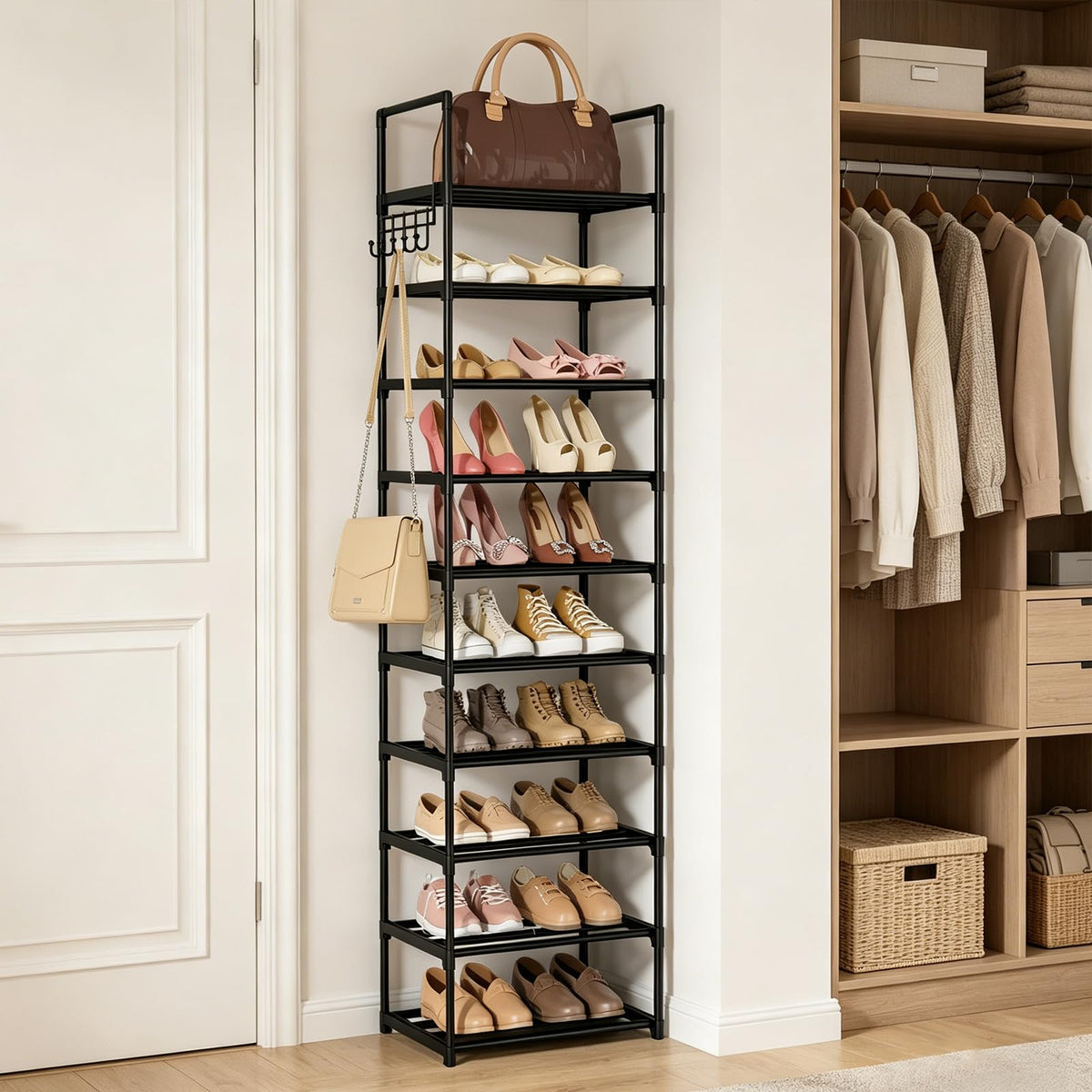 Black 10 Tiers Narrow Shoe Rack F7923