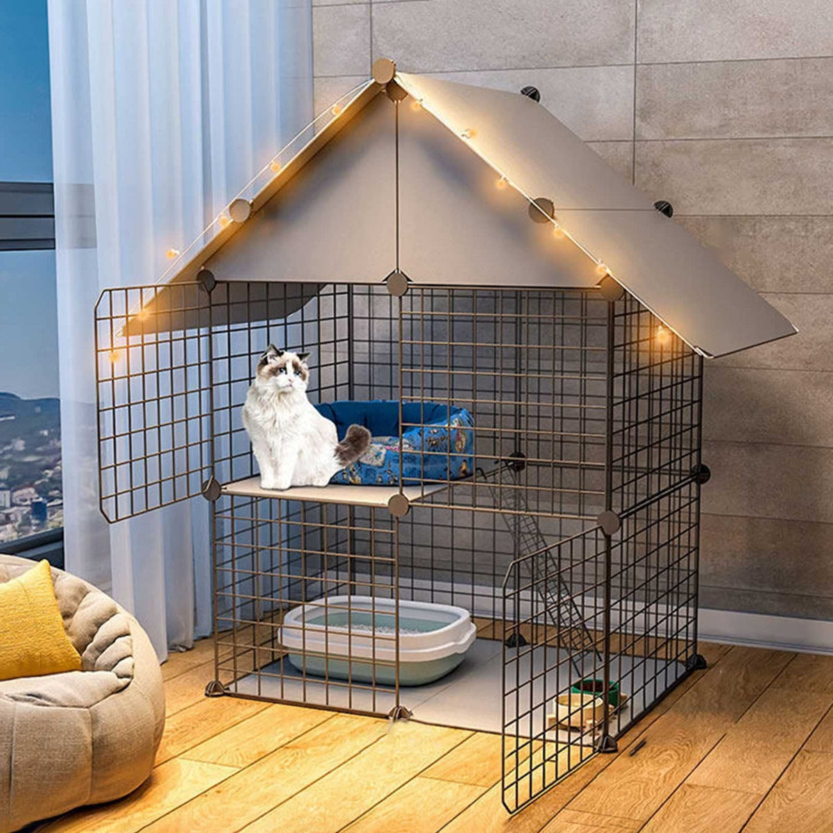2-Tier Folding Metal Cat Cage with Hammock Y8832