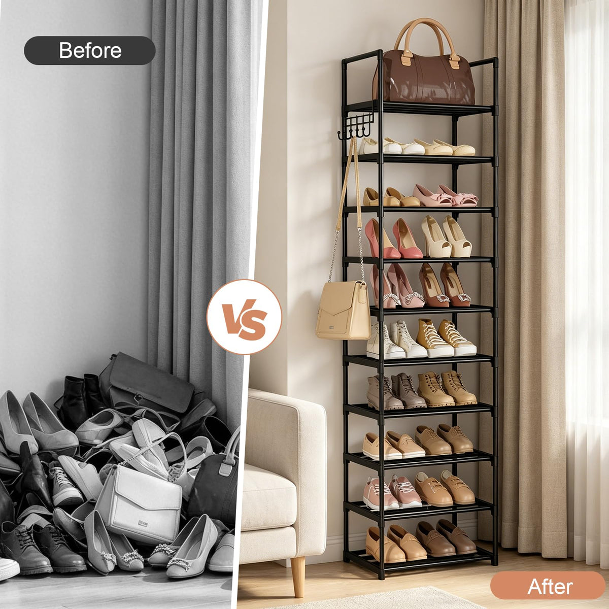 Black 10 Tiers Narrow Shoe Rack F7923