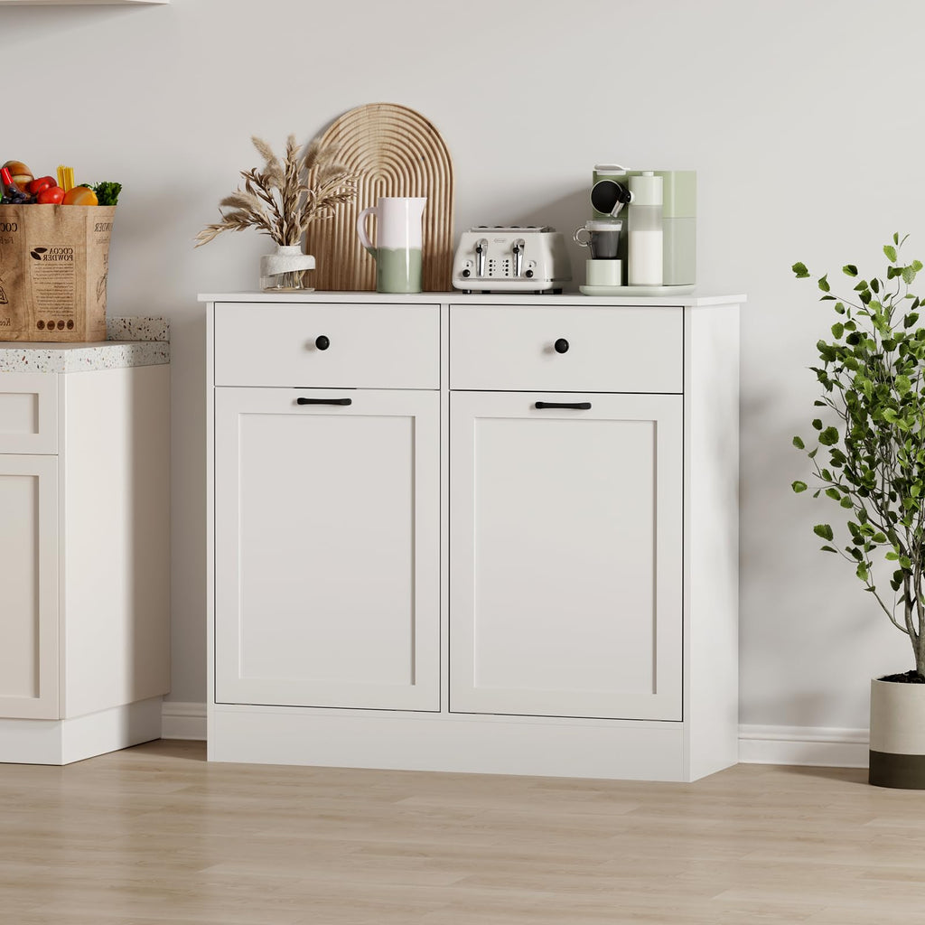White 2 x 10 Gallon Wooden Tilt Out Trash Can Cabinet L991