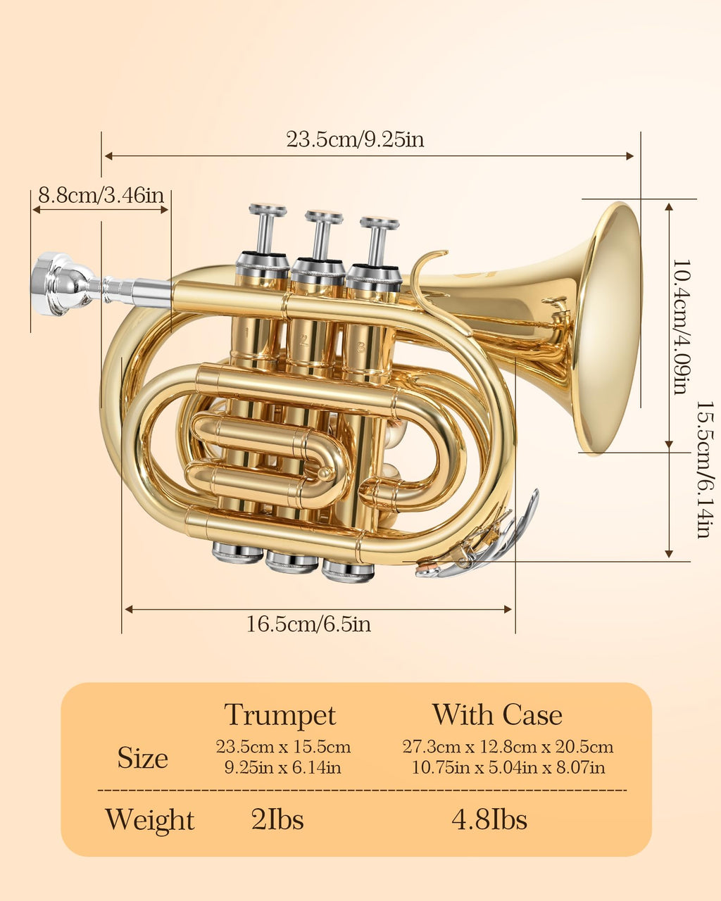 B Flat Brass Pocket Trumpet with 7C Mouthpiece and Hard Case Q89589