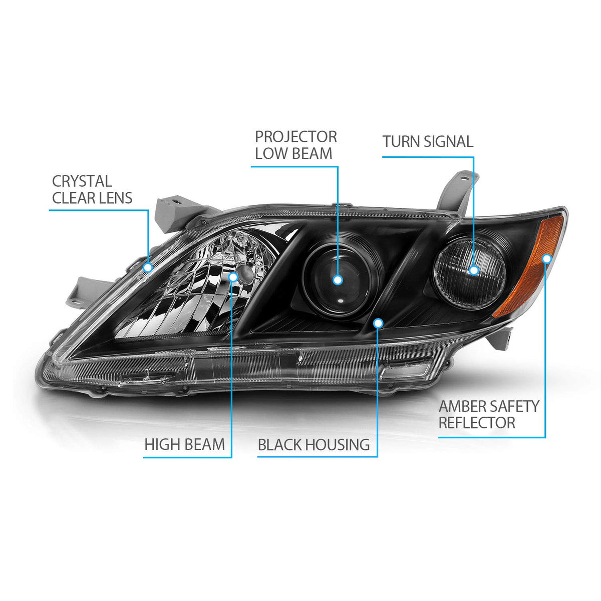 2007-2009 Toyota Camry Black Projector Headlight Assembly Pair E6810