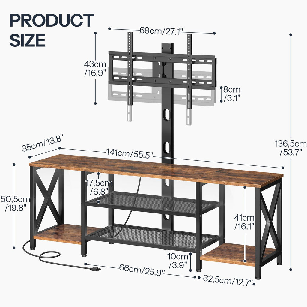 Rustic Brown 3-Tier TV Stand with Swivel Mount and Power Outlet I2936