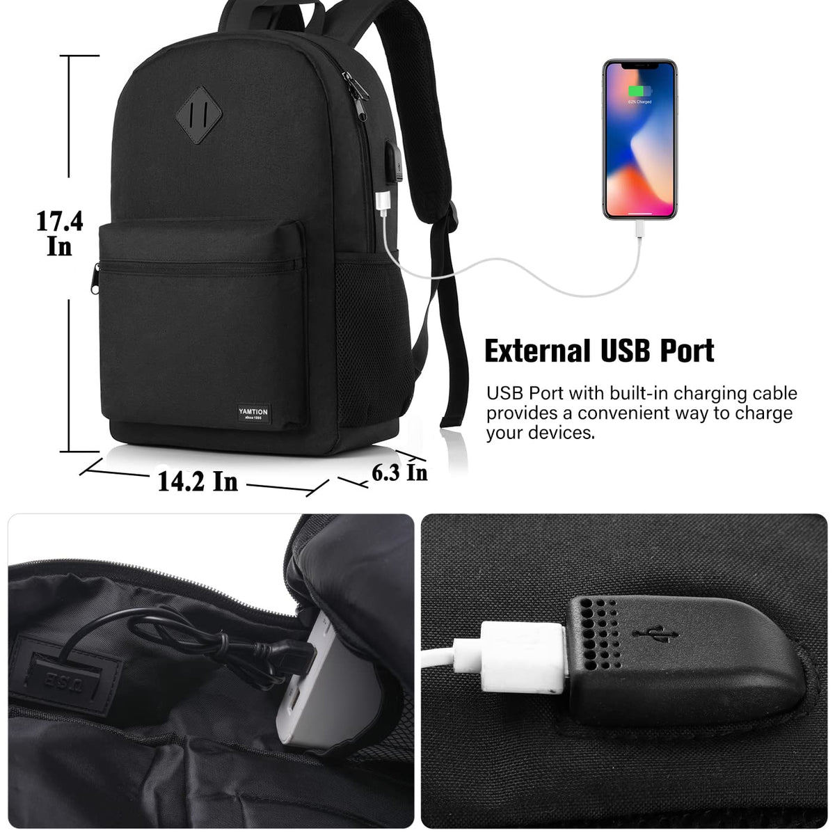 Black 15.6 Inch Laptop Backpack with USB Charger L38858