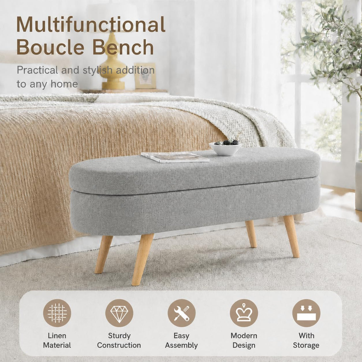 Oval Boucle Storage Ottoman with Wooden Legs G811025