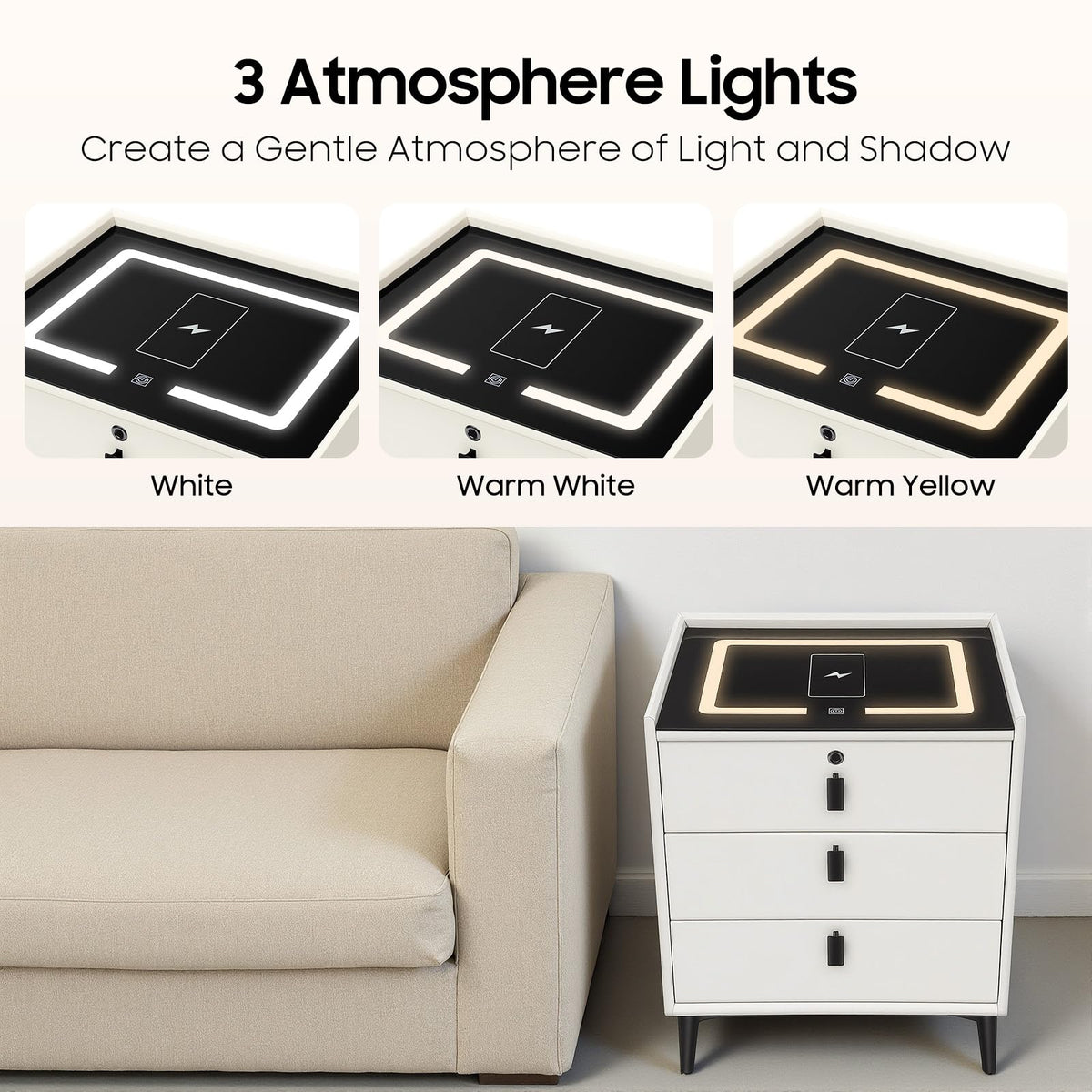 3 Drawers Nightstand with Fingerprint Lock and Wireless Charging M1201