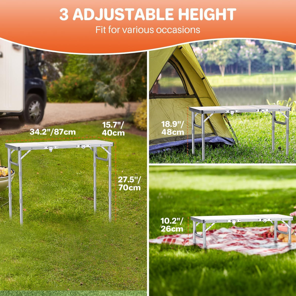 3ft Folding Camping Table, 3 Height Adjustable White H803