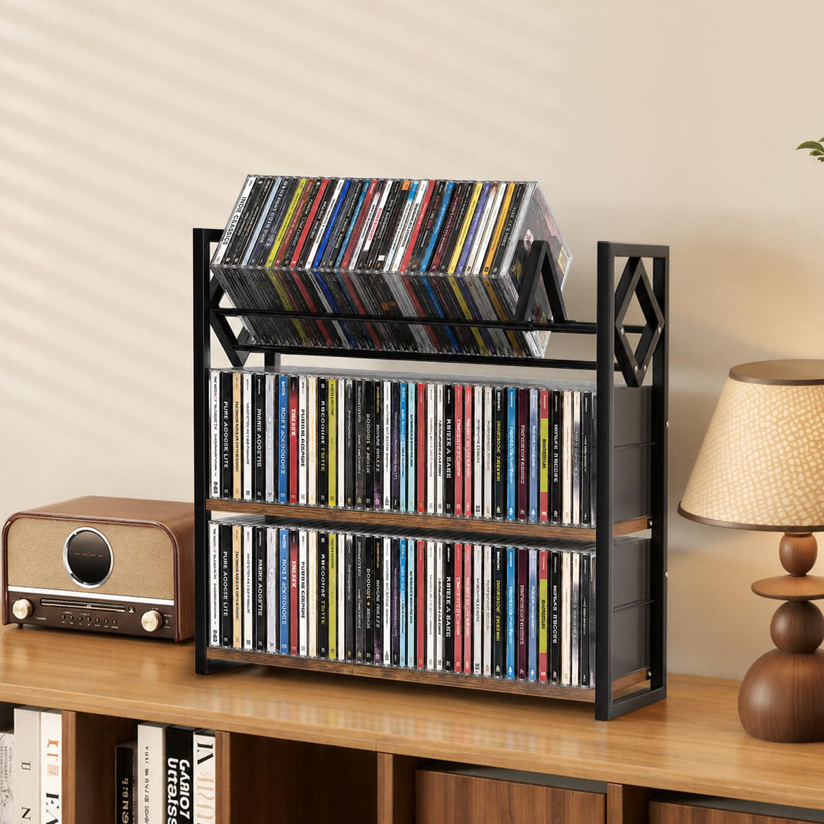3-Tier Wooden and Metal CD Storage Rack U262363