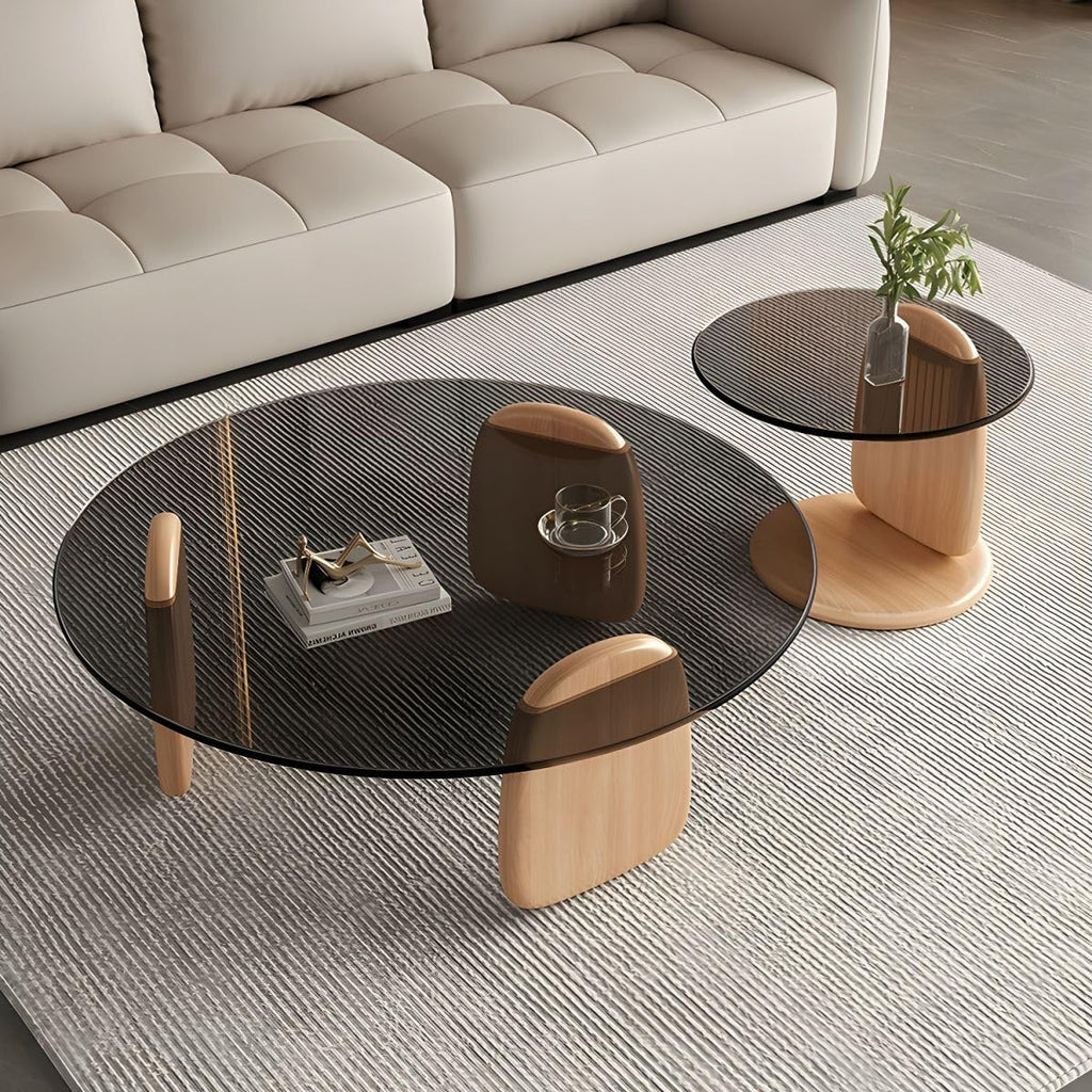 Nesting Coffee Table Set of 2 Glass Round Top Wood Legs B5574