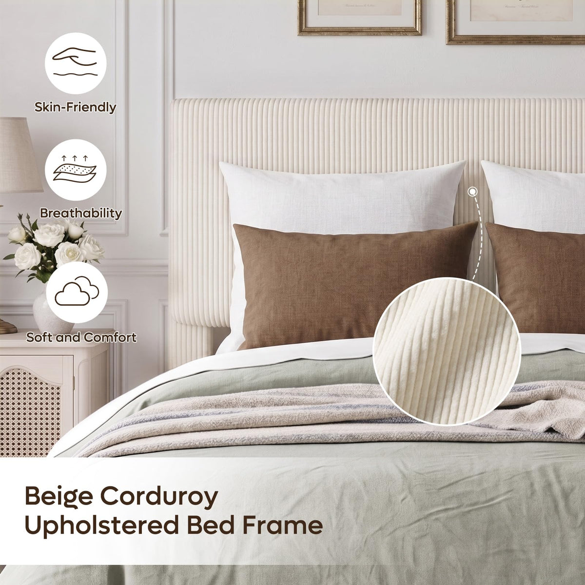 Queen Bed Frame with Headboard LED Lighting, Upholstered, Beige E22715