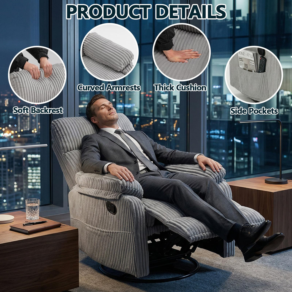 360° Swivel Rocking Corduroy Recliner V499173