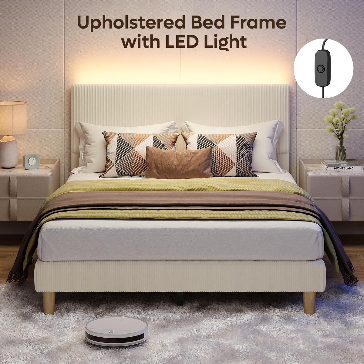 Queen Bed Frame with Headboard LED Lighting, Upholstered, Beige E22715