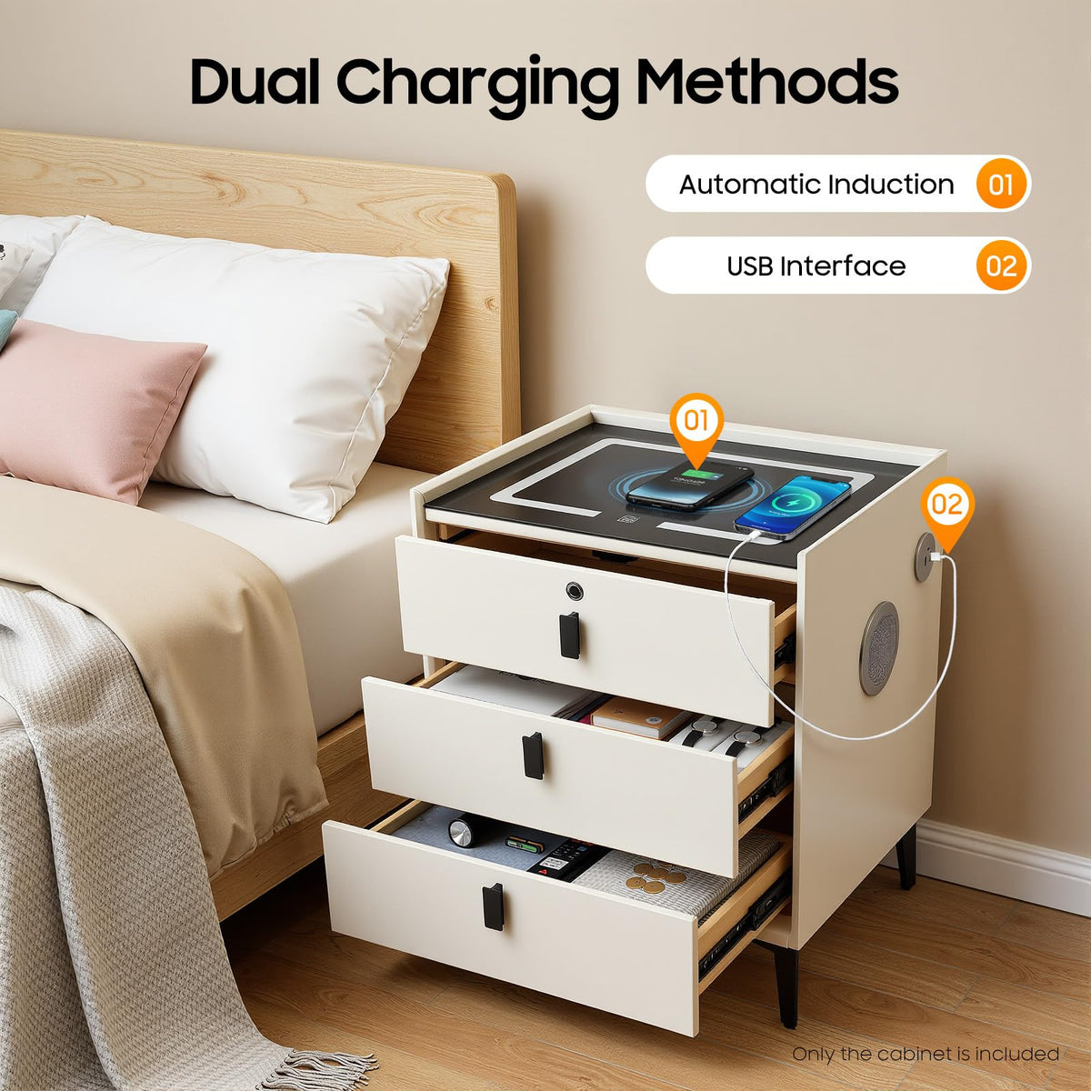 3 Drawers Nightstand with Fingerprint Lock and Wireless Charging M1201