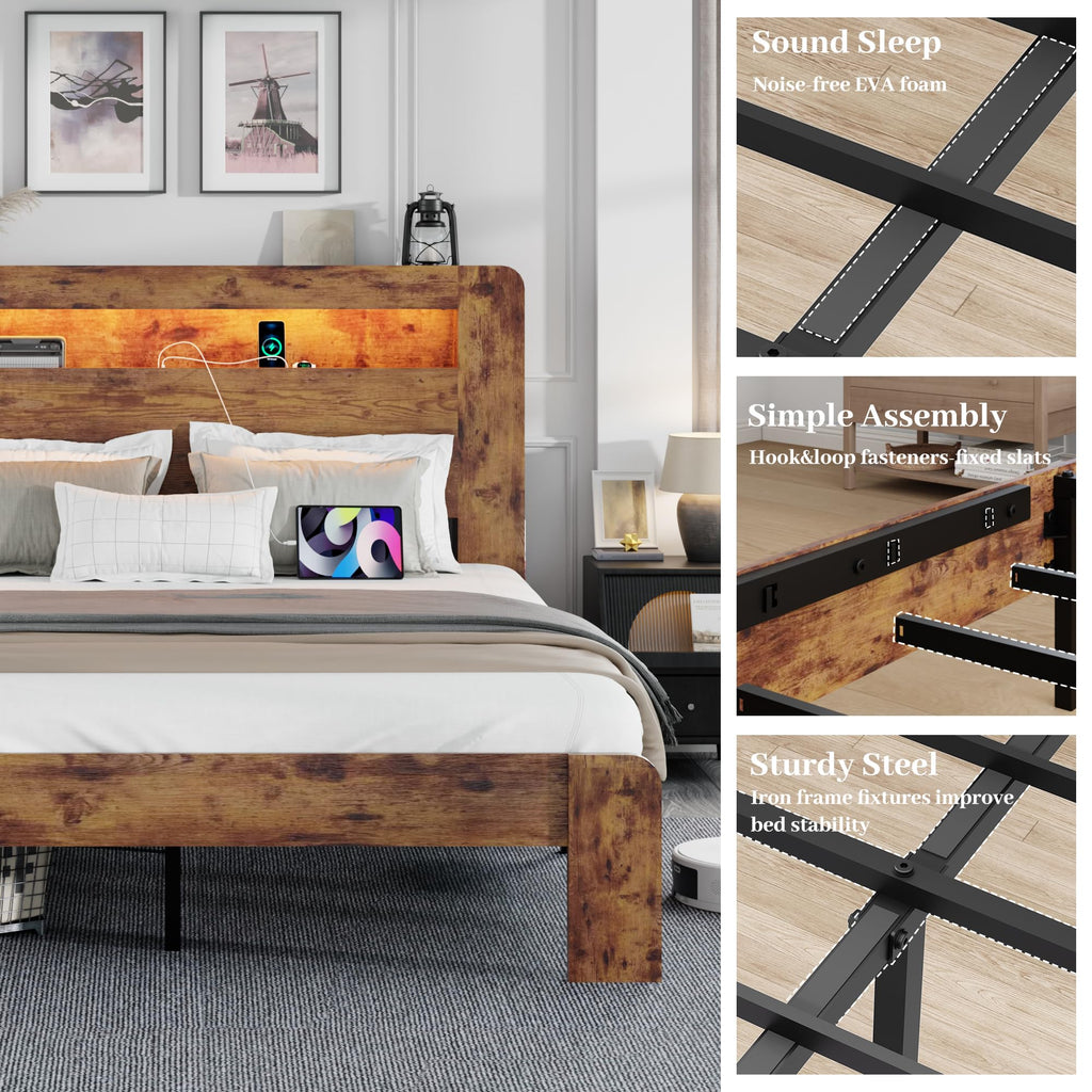 King Size Wooden Bed Frame with Storage Headboard and LED Lights J787735