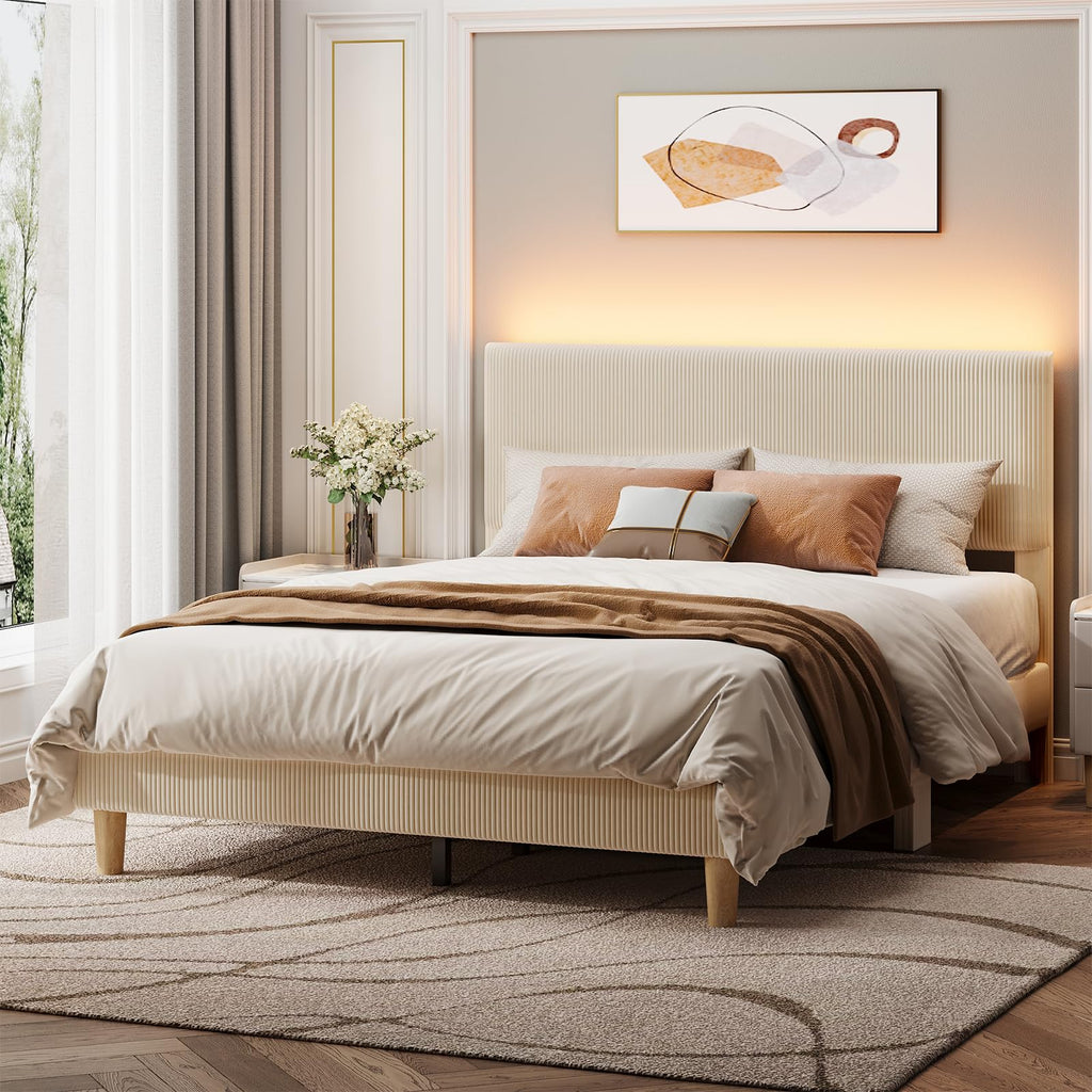 Queen Bed Frame with Headboard LED Lighting, Upholstered, Beige E22715