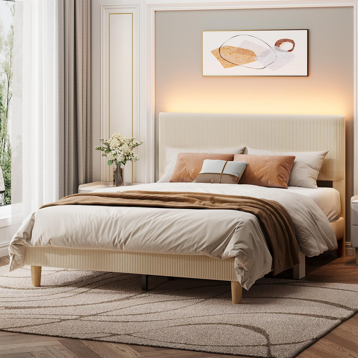 Queen Bed Frame with Headboard LED Lighting, Upholstered, Beige E22715