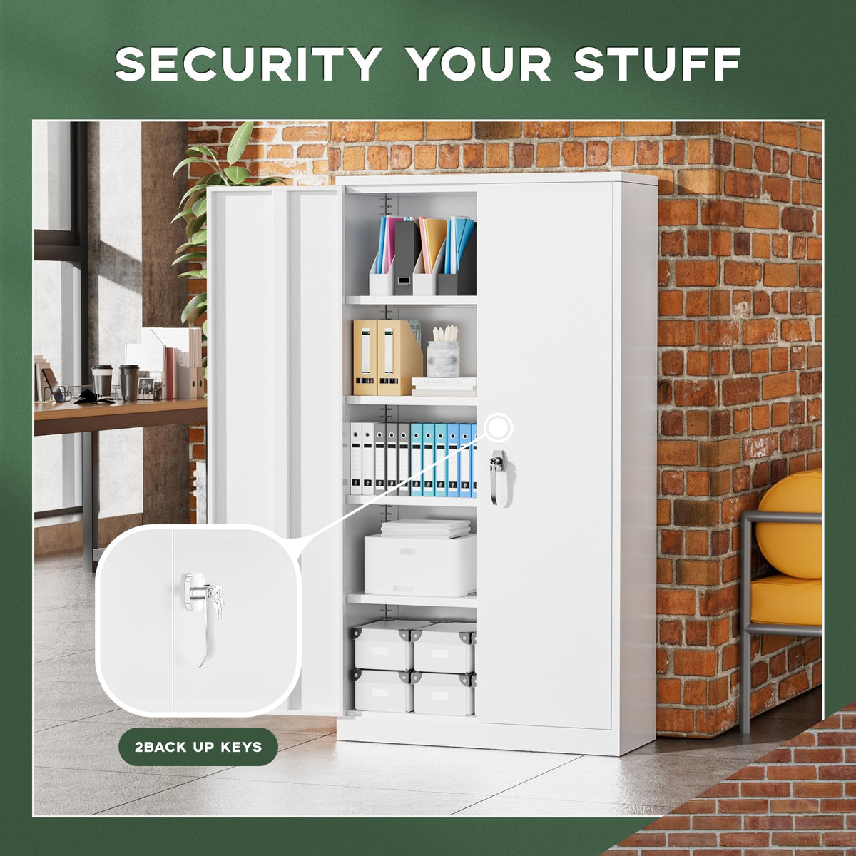 72" White Locking Metal Storage Cabinet with 4 Adjustable Shelves M165519