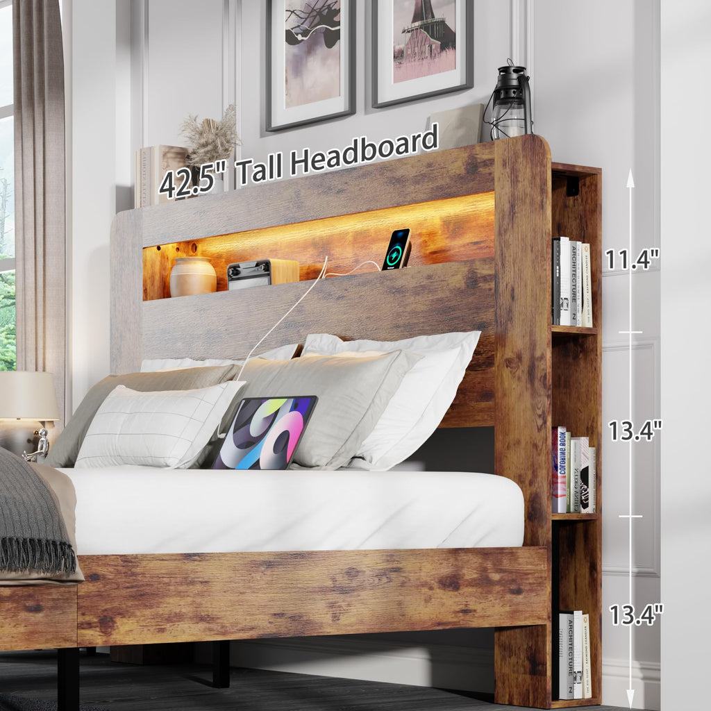 King Size Wooden Bed Frame with Storage Headboard and LED Lights J787735