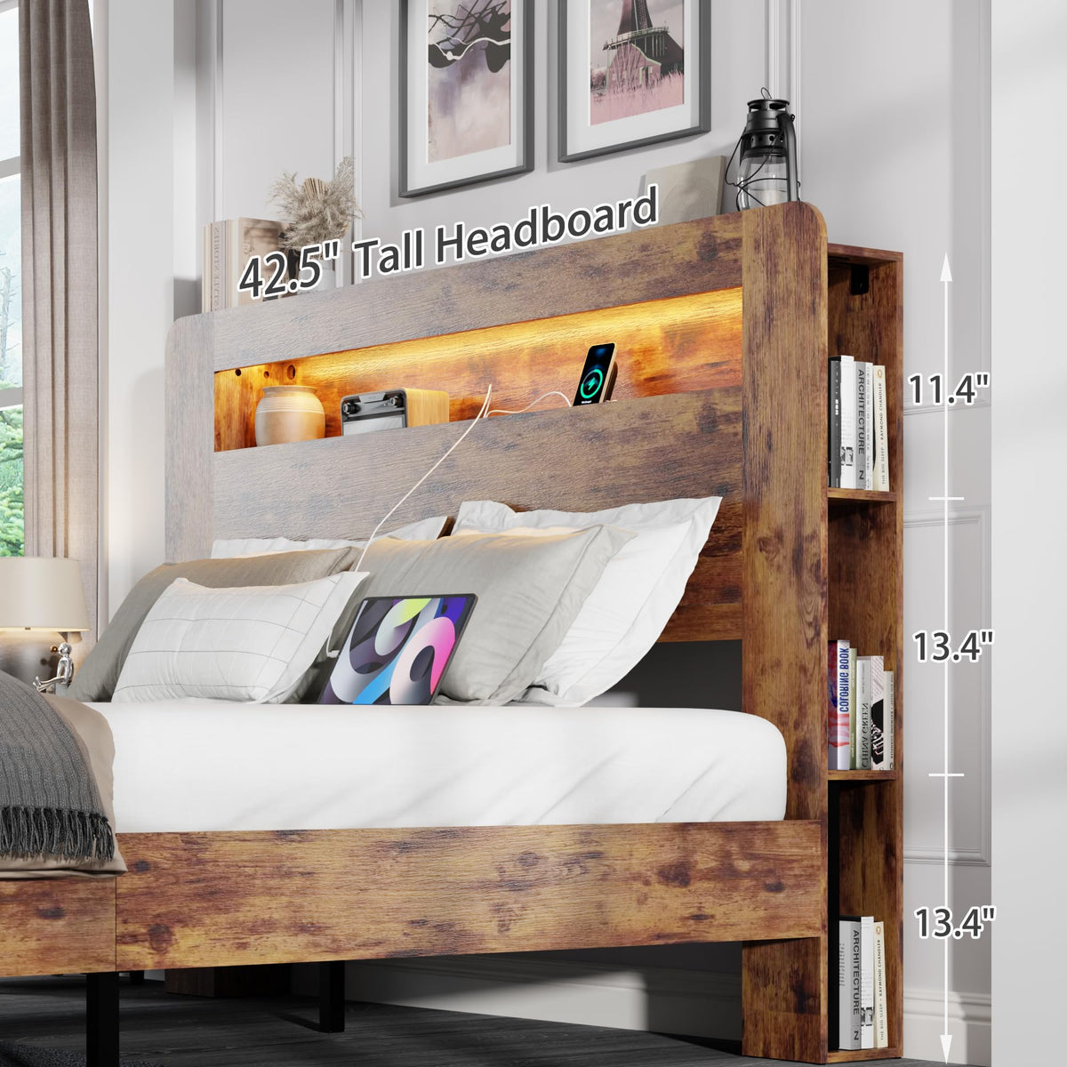 King Size Wooden Bed Frame with Storage Headboard and LED Lights J787735