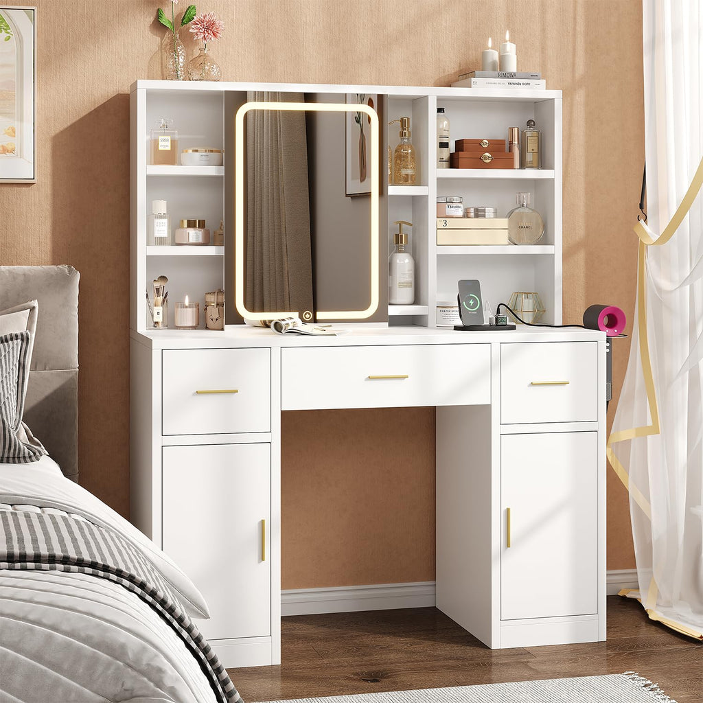 White Vanity Desk with Sliding Mirror and LED Lights E45944