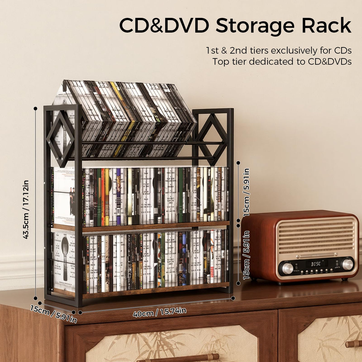 3-Tier Wooden and Metal CD Storage Rack U262363