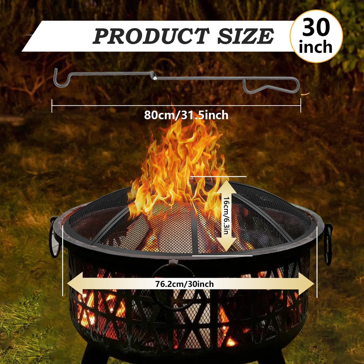30 Inch Heavy Duty Metal Mesh Fire Pit Spark Screen with Handle & Poker G49947