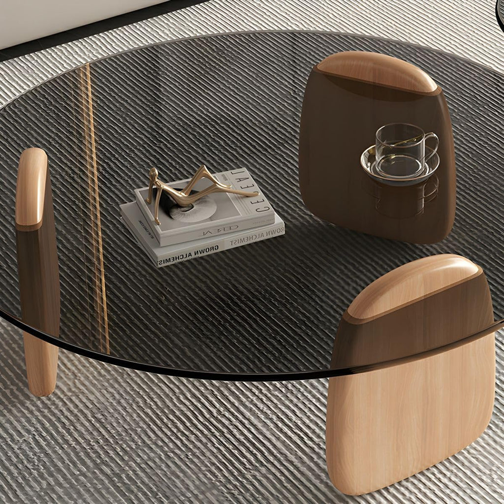 Nesting Coffee Table Set of 2 Glass Round Top Wood Legs B5574