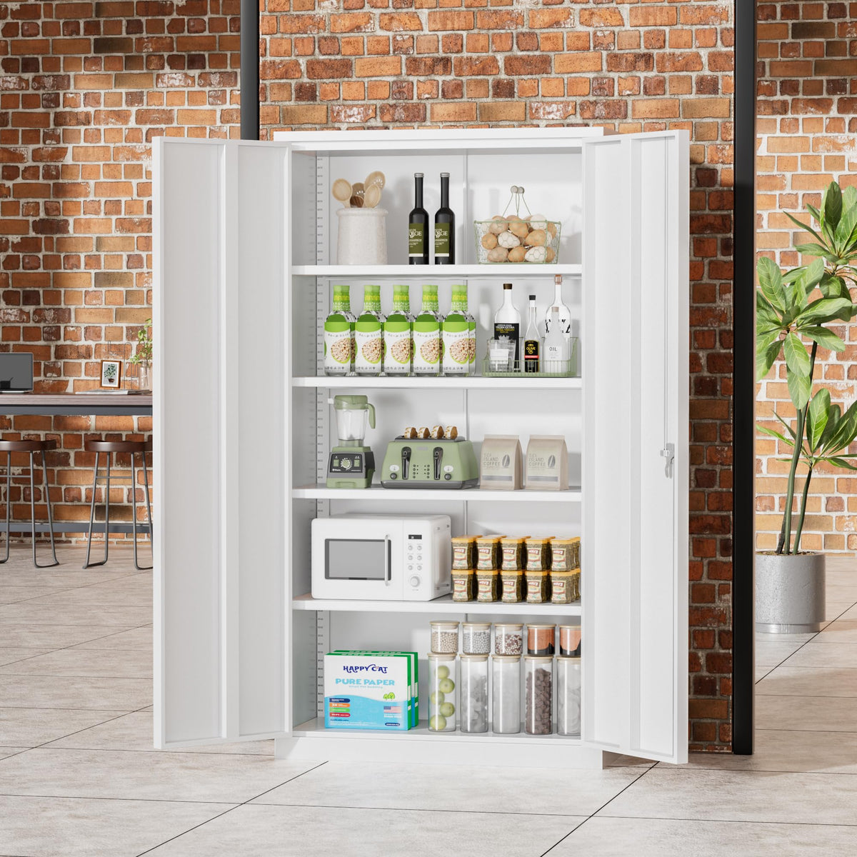 72" White Locking Metal Storage Cabinet with 4 Adjustable Shelves M165519