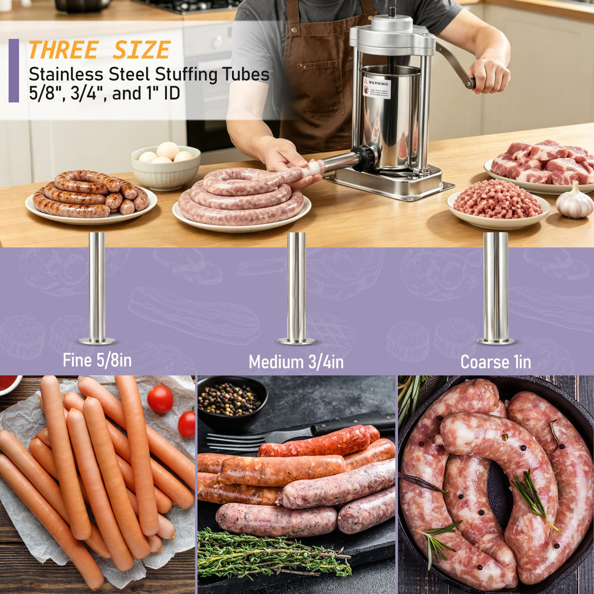 5lb Stainless Steel Sausage Stuffer with 3 Stuffing Tubes O6163