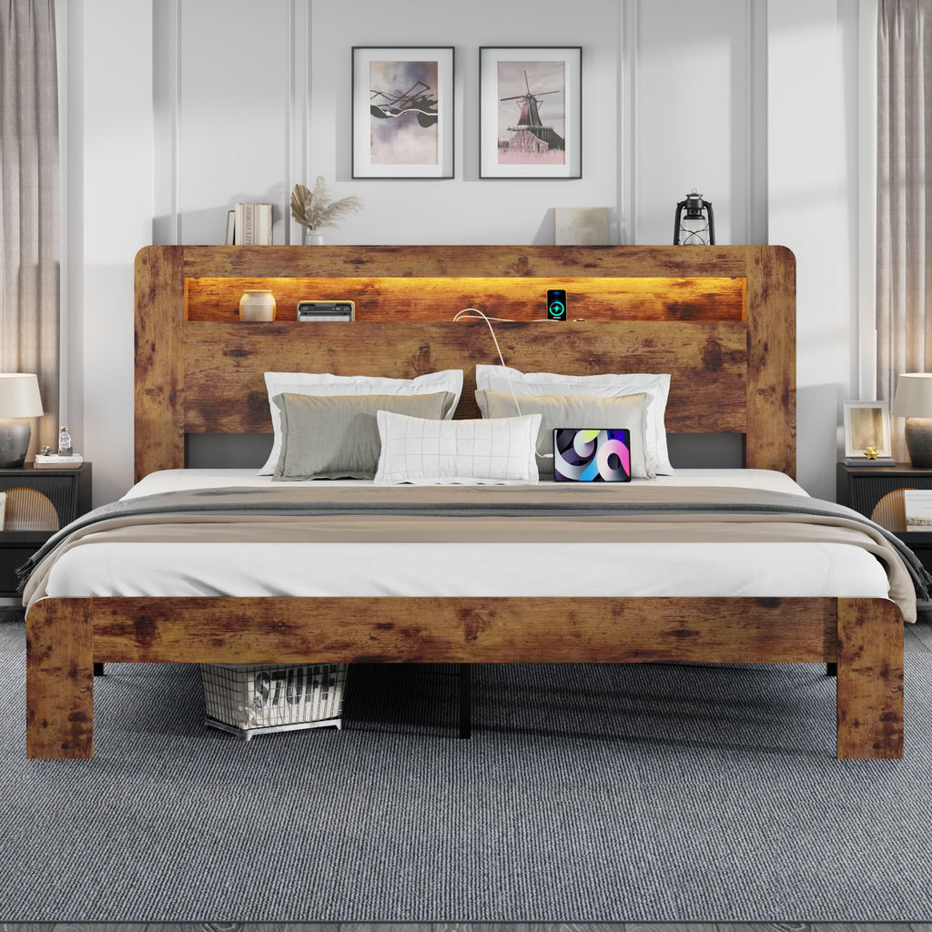 King Size Wooden Bed Frame with Storage Headboard and LED Lights J787735