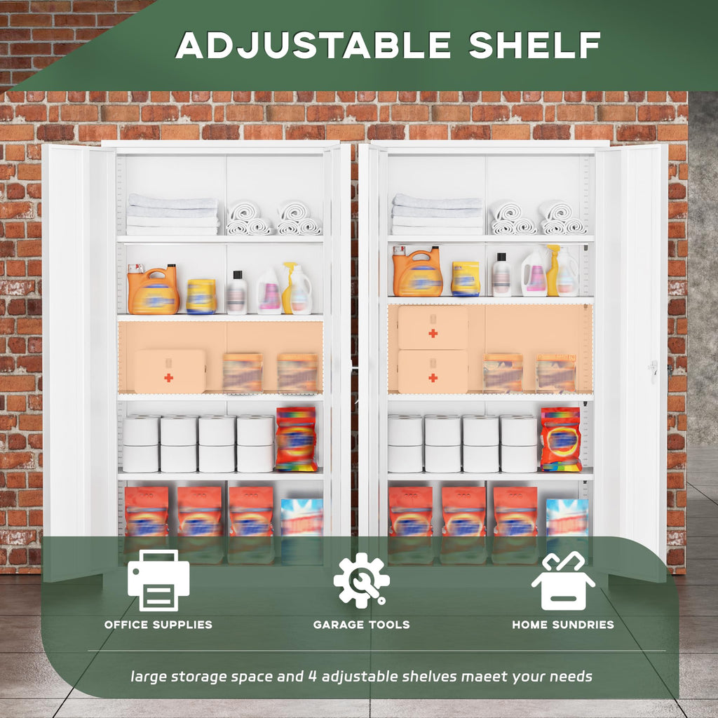 72" White Locking Metal Storage Cabinet with 4 Adjustable Shelves M165519