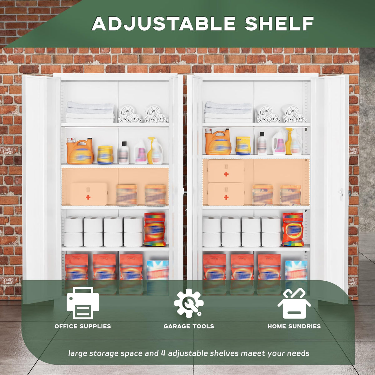 72" White Locking Metal Storage Cabinet with 4 Adjustable Shelves M165519