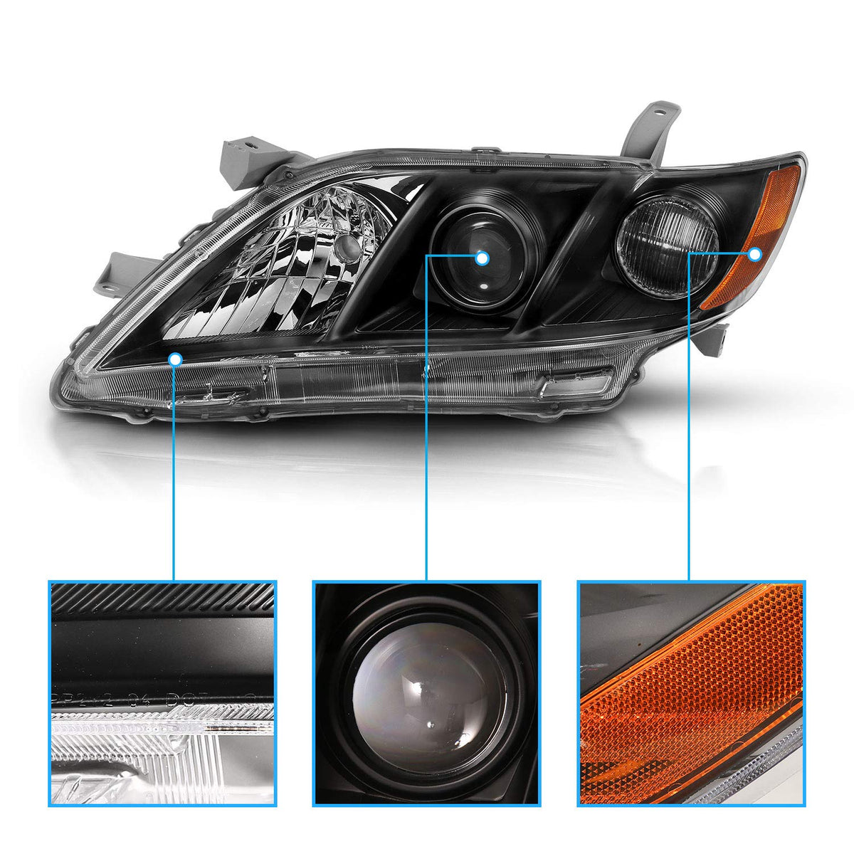 2007-2009 Toyota Camry Black Projector Headlight Assembly Pair E6810