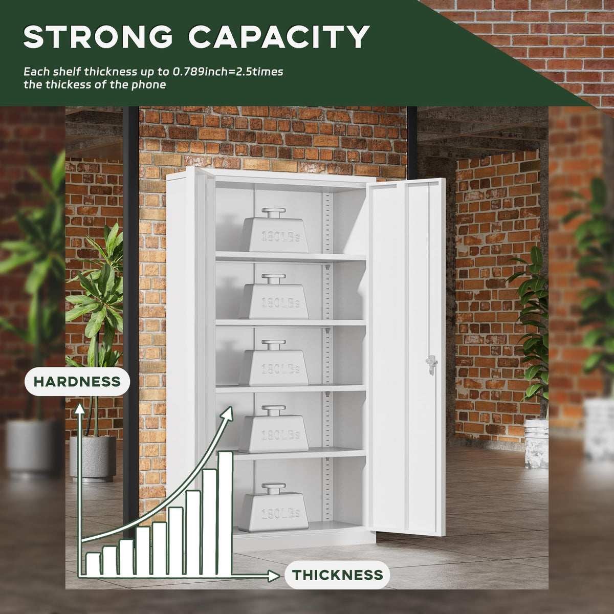 72" White Locking Metal Storage Cabinet with 4 Adjustable Shelves M165519