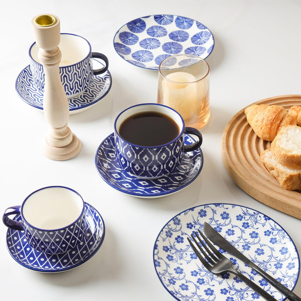 Ceramic Dinnerware Sets 12 Piece Cappuccino Cups with Saucers and Metal Stand W74372