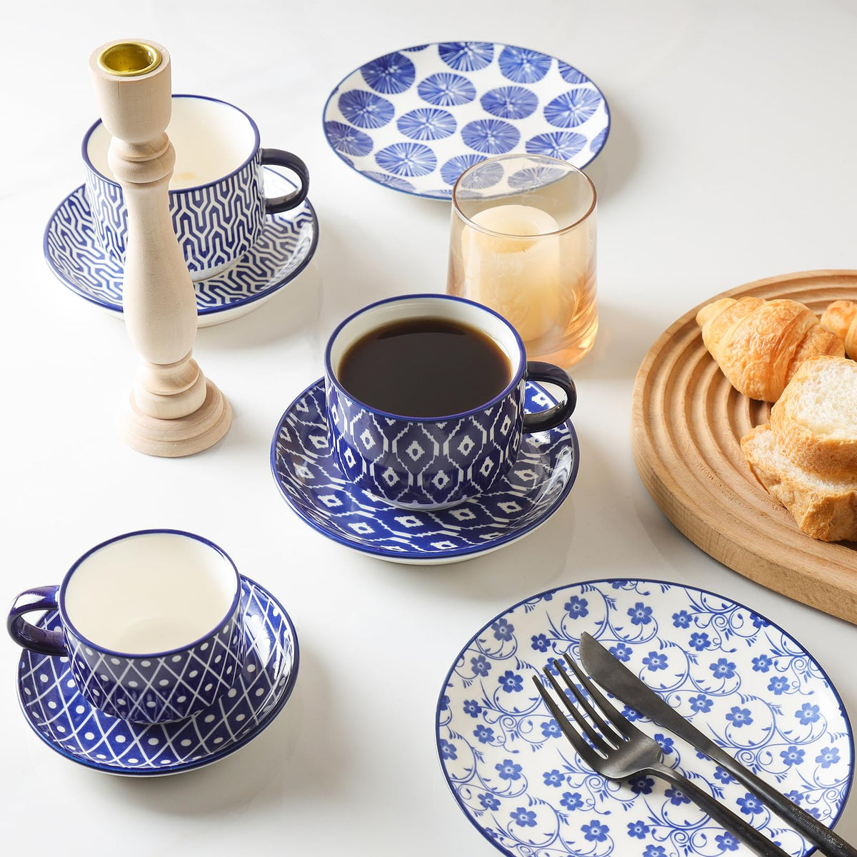 Ceramic Dinnerware Sets 12 Piece Cappuccino Cups with Saucers and Metal Stand W74372