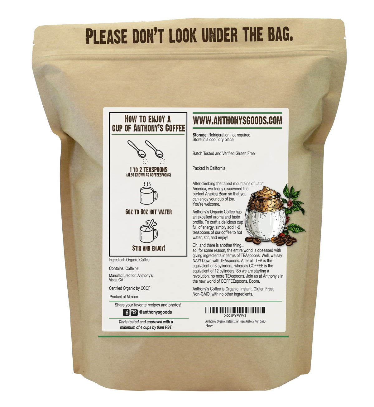 Organic Instant Coffee, 14 oz, Arabica, Gluten Free B274