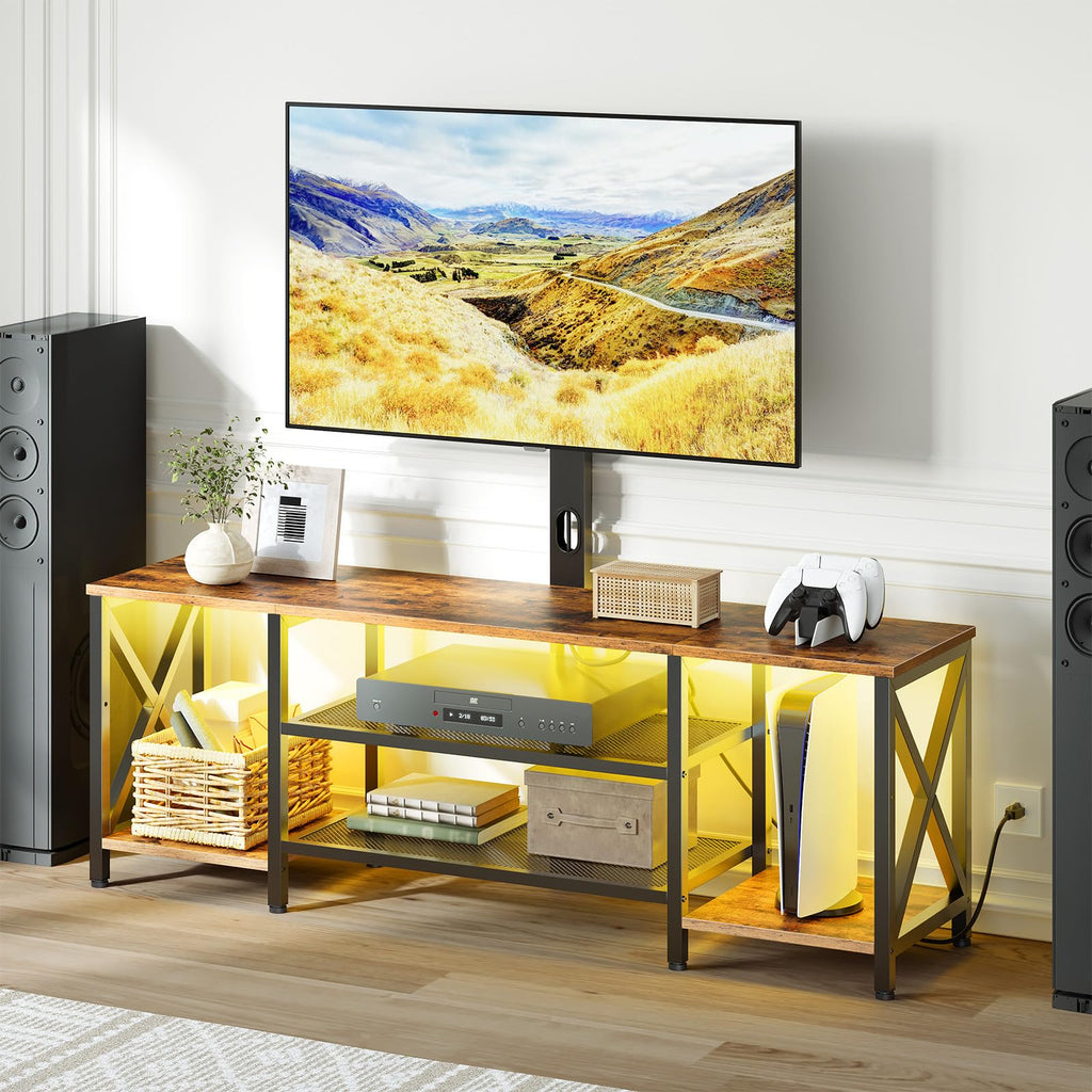 Rustic Brown 3-Tier TV Stand with Swivel Mount and Power Outlet I2936