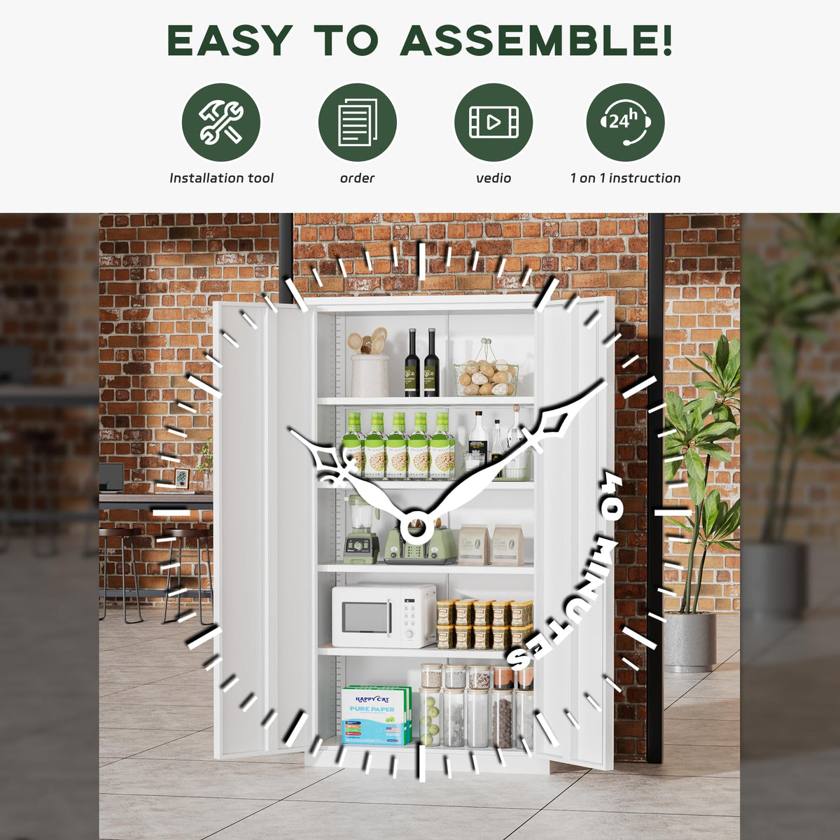 72" White Locking Metal Storage Cabinet with 4 Adjustable Shelves M165519