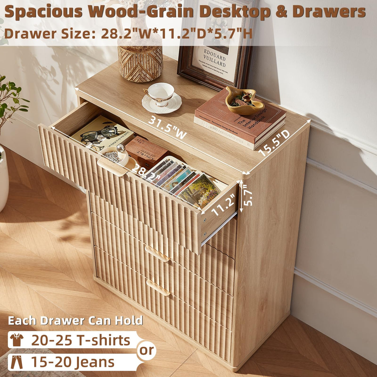 Fluted 5 Drawers Natural Wood Dresser G645
