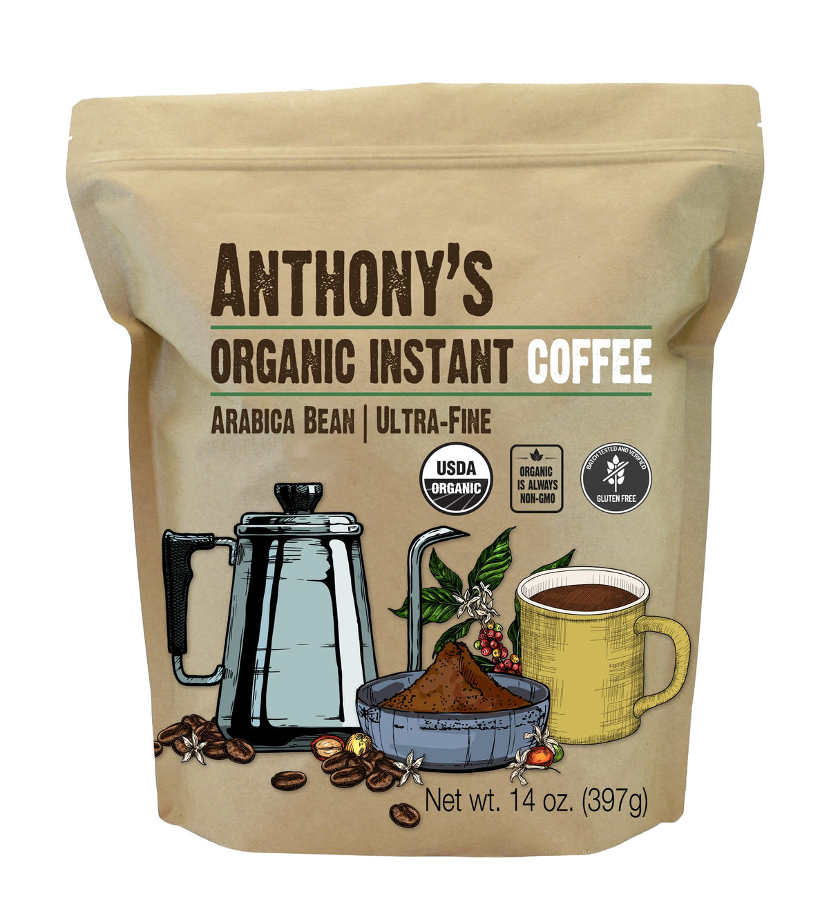 Organic Instant Coffee, 14 oz, Arabica, Gluten Free B274