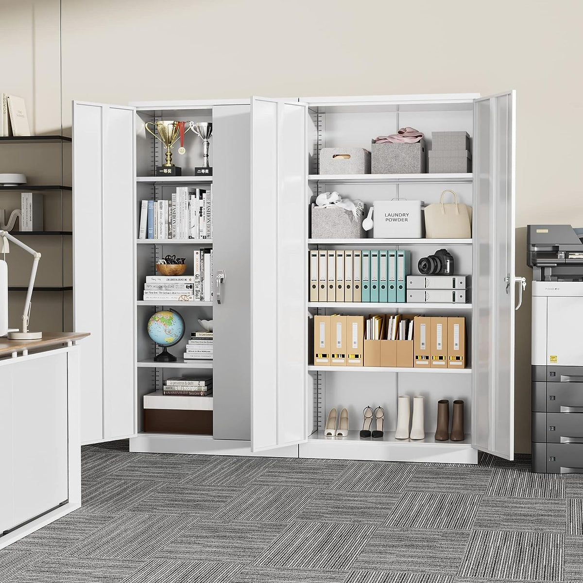72" White Locking Metal Storage Cabinet with 4 Adjustable Shelves M165519