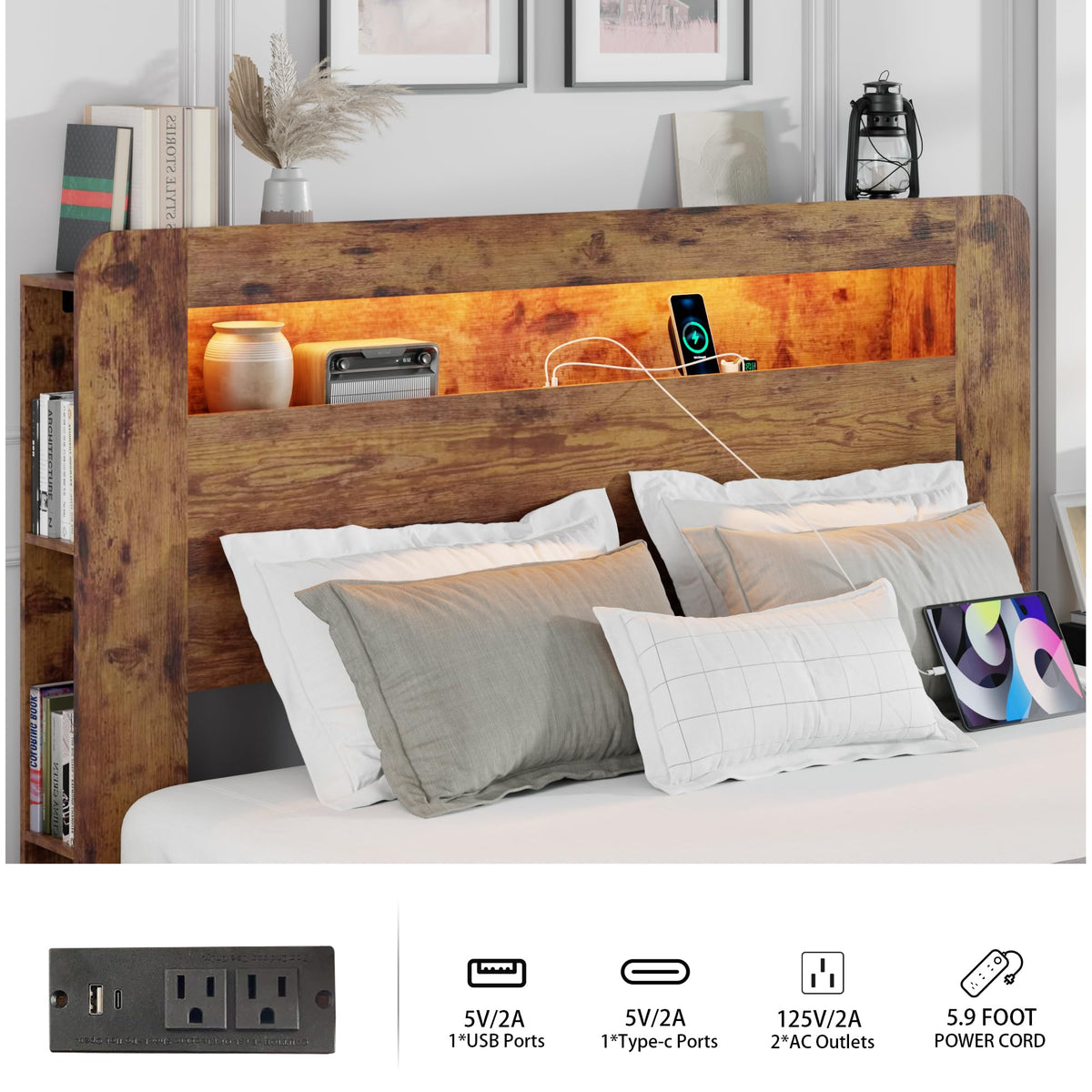 King Size Wooden Bed Frame with Storage Headboard and LED Lights J787735